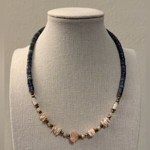 Blue sponge coral necklace with shell and pink stone